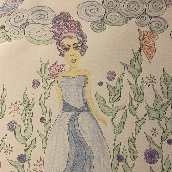 Unframed Original Art Watercolour & Pencil Crayon Whimsical Beauty in Garden - Picture 6 of 6